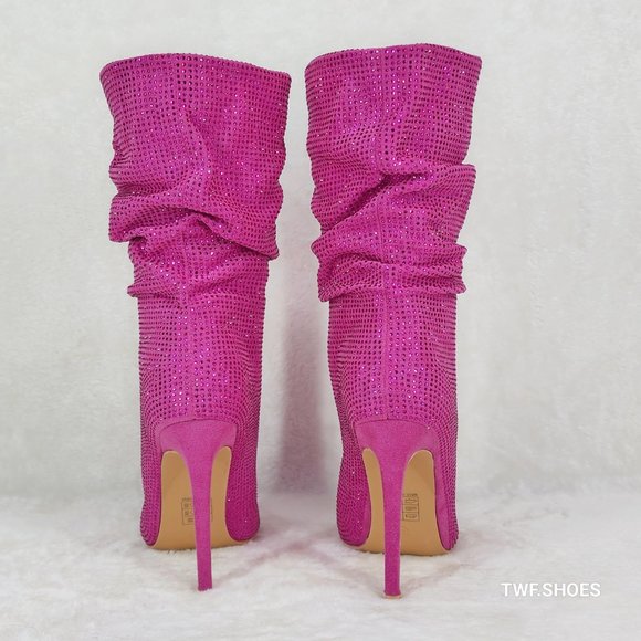 Resolve Sparkling Pink Rhinestone High Heel Slouch Calf Boots New Years Bling - Picture 6 of 15